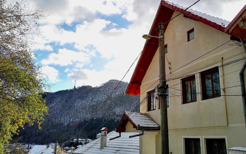 a building with a red roof and a mountain at Vila Paul Best Paronamic View over Medieval Historical Centre Brasov in Braşov