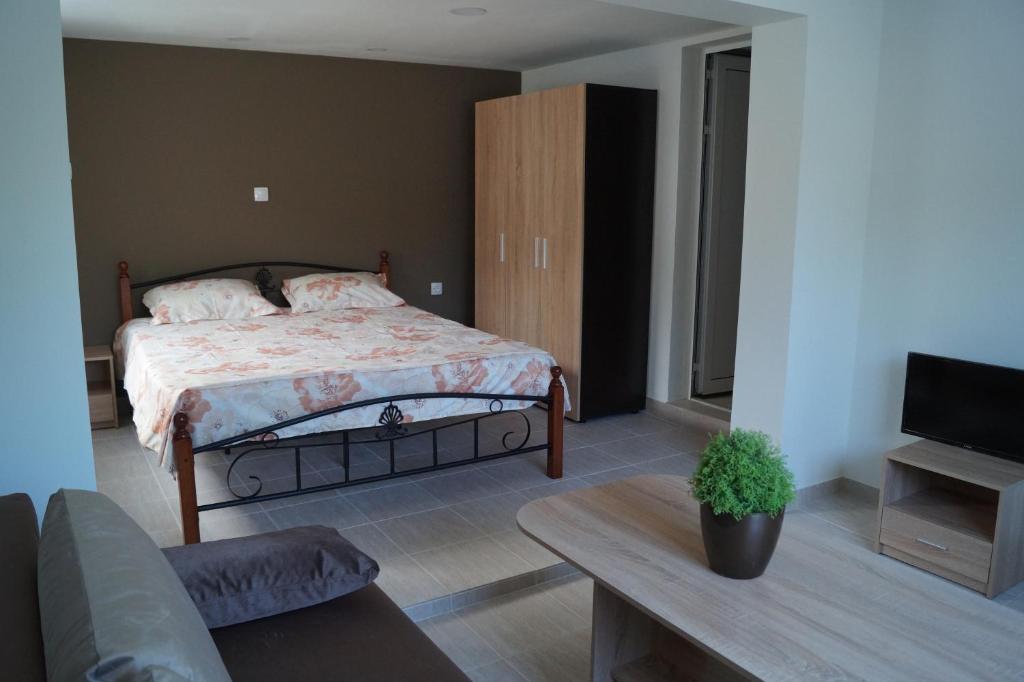 Guest House Di Mare في ابزور: غرفة نوم بسرير وتلفزيون وأريكة