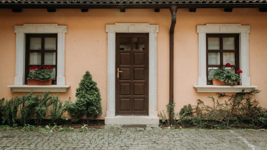 a house with two windows and a door with flowers at Alandala by The Center in Cluj-Napoca