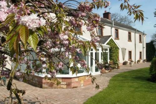 a large white house with pink flowers in front of it at Bessiestown Country Guesthouse in Carlisle