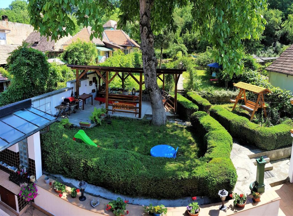 z góry widok na ogród z drzewem w obiekcie Casa Vanatorului w Sighișoarze