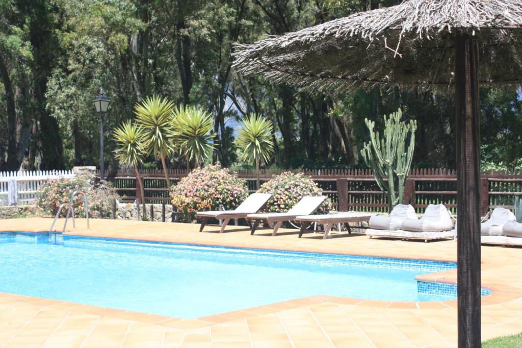 a swimming pool with lounge chairs and an umbrella at Molino El Mastral in Tarifa