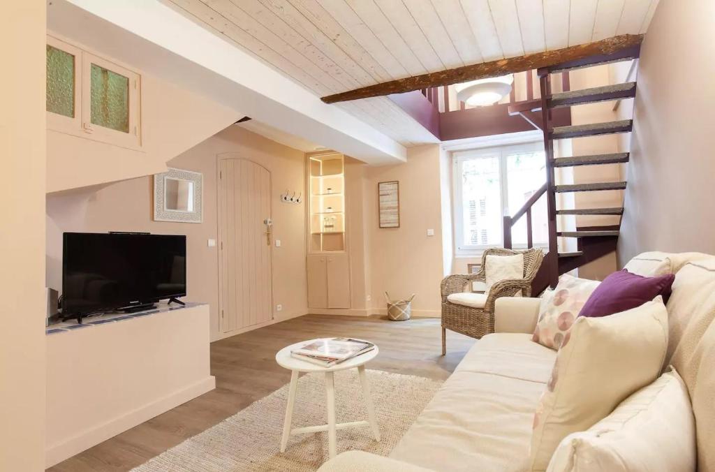 ein Wohnzimmer mit einem Sofa und einem TV in der Unterkunft 2 bedrooms 2 bathrooms apartment in Old Antibes in Antibes