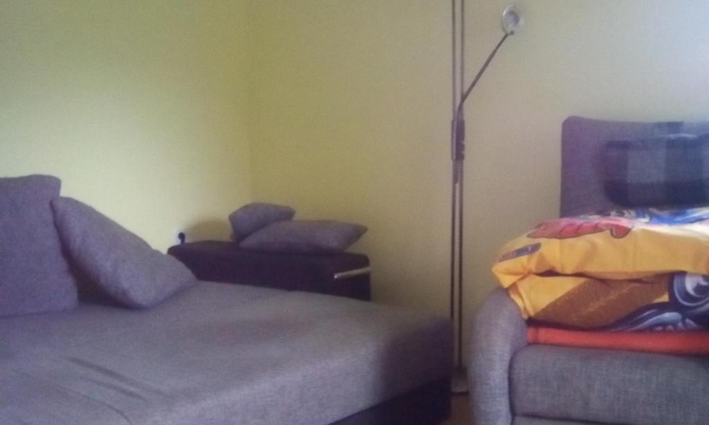 a room with a bed and a lamp and a couch at Apartma Pr' Vok in Lesce