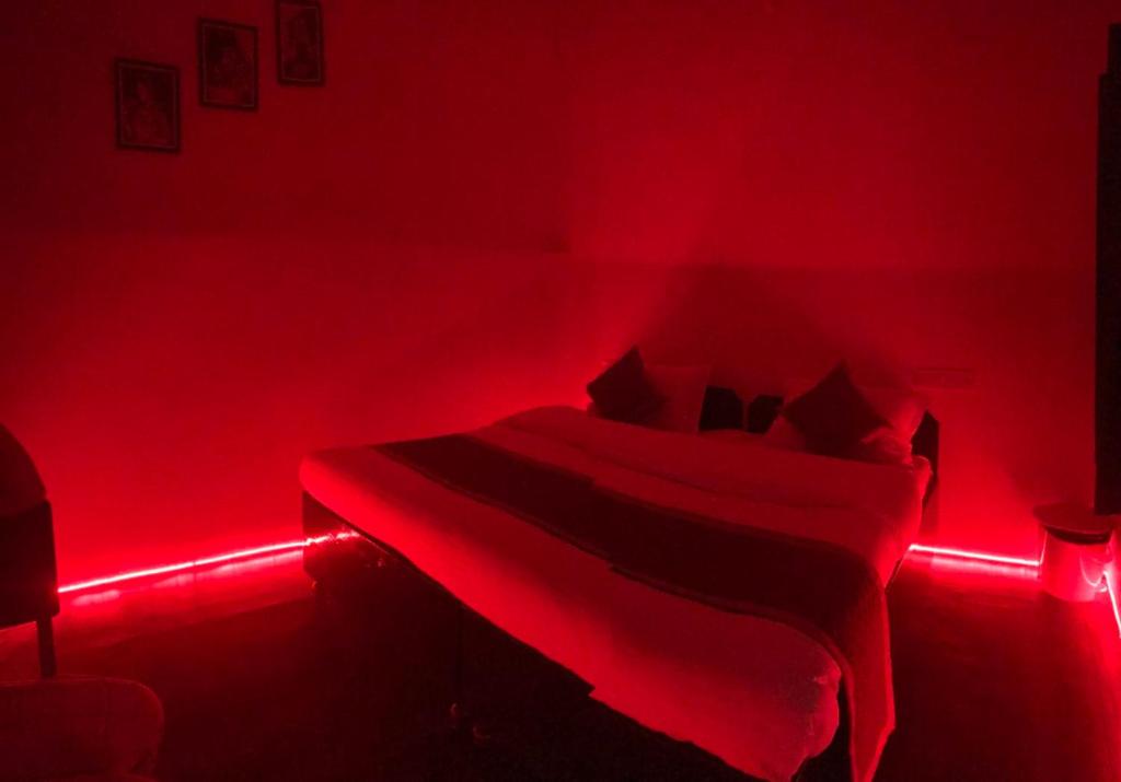 1 dormitorio rojo con 1 cama con luces rojas en Hotel Dharohar Palace en Jaipur