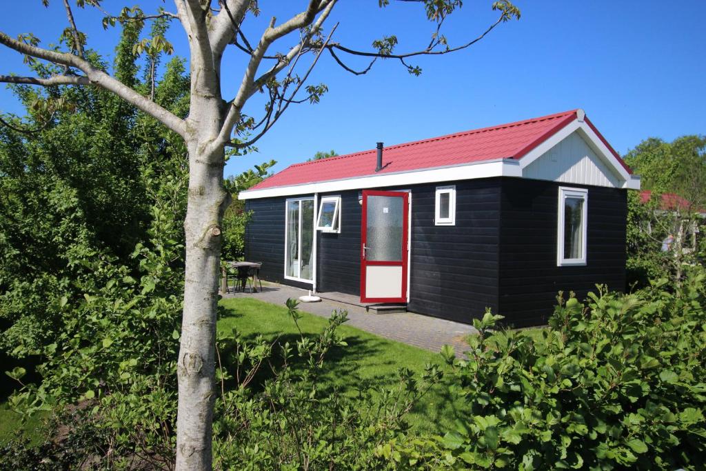 a black tiny house with a red door at Vacare chalet in Drijber