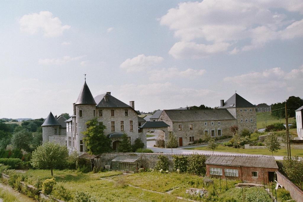 een oud kasteel op een groen veld bij B&B Ferme Château de Laneffe in Laneffe