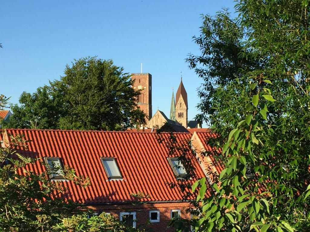 un edificio con techo rojo con una iglesia al fondo en Selvbetjent lejlighed i centrum ved åen, en Ribe