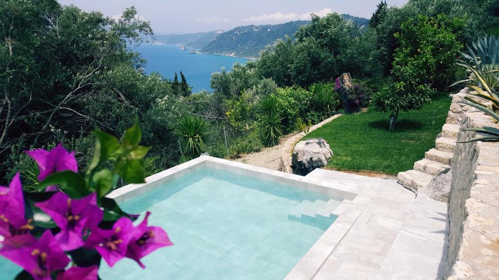 a swimming pool with a view of the water at Villa Olivia in Pentátion