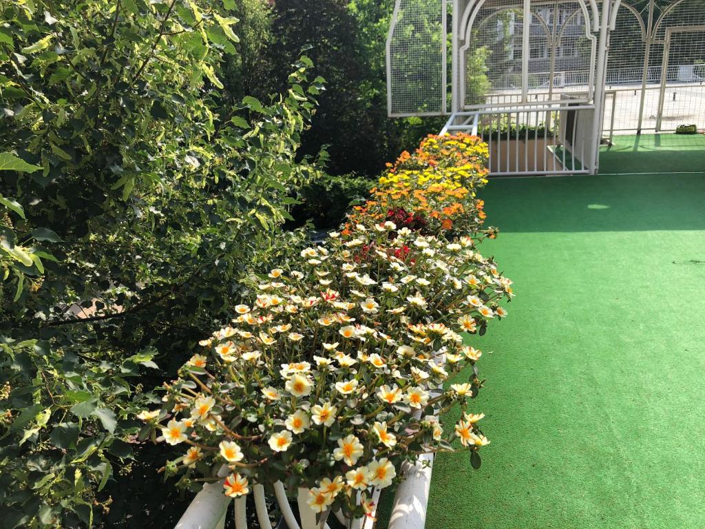 een rij bloemen op een hek in een tuin bij Csillag Deluxe Apartman in Gyula