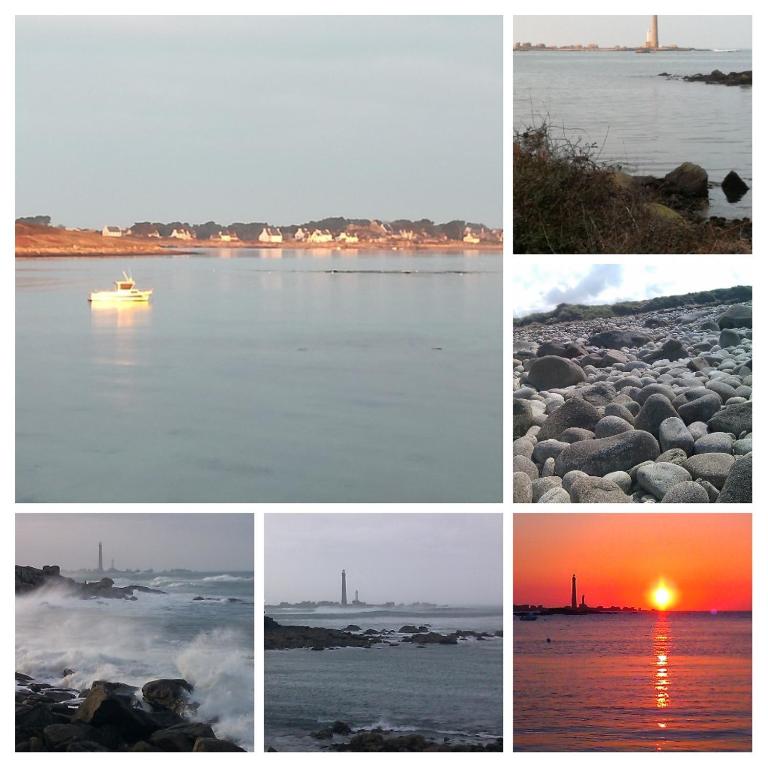 eine Collage mit vier Bildern des Ozeans und einem Boot in der Unterkunft Mobil home vacances in Plouguerneau