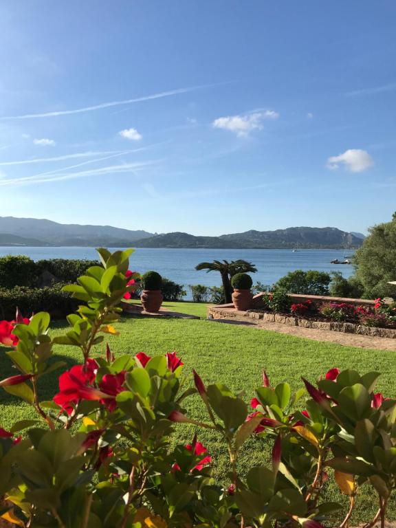 vistas al agua desde un parque con flores en Villa Annalia, en Cannigione