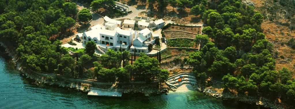 an aerial view of a house on a hill next to the water at DVORAC “KAŠTIL JELA” in Milna