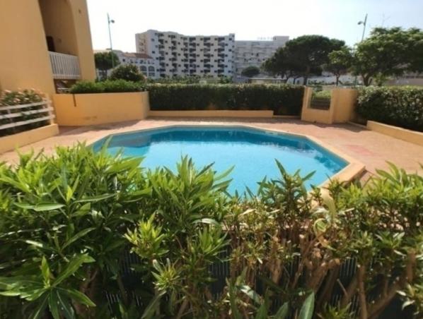 une grande piscine dans une cour ornée de plantes dans l'établissement Coquet studio a 150m de la plage, au Barcarès