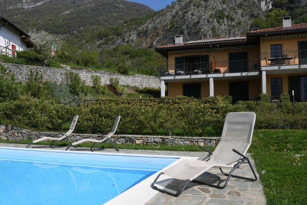 une paire de chaises assises à côté de la piscine dans l'établissement Apartment Gli Ulivi - Tremezzina, à Tremezzo