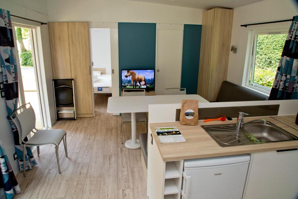 Zimmer mit einer Küche mit einem Tisch und einem TV in der Unterkunft Tornade in Dirbach
