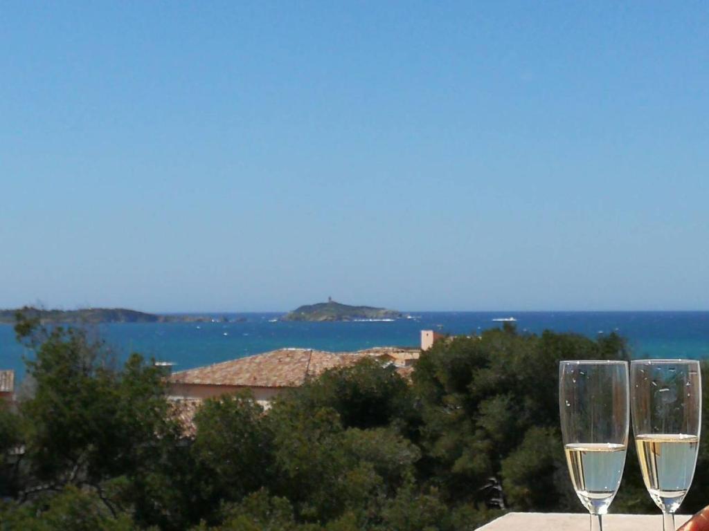 zwei Gläser Weißwein auf einem Vorsprung in der Unterkunft Domaine de la Coudoulière, T2 climatisé terrasse vue mer sans vis à vis plage à 100m in Six-Fours-les-Plages