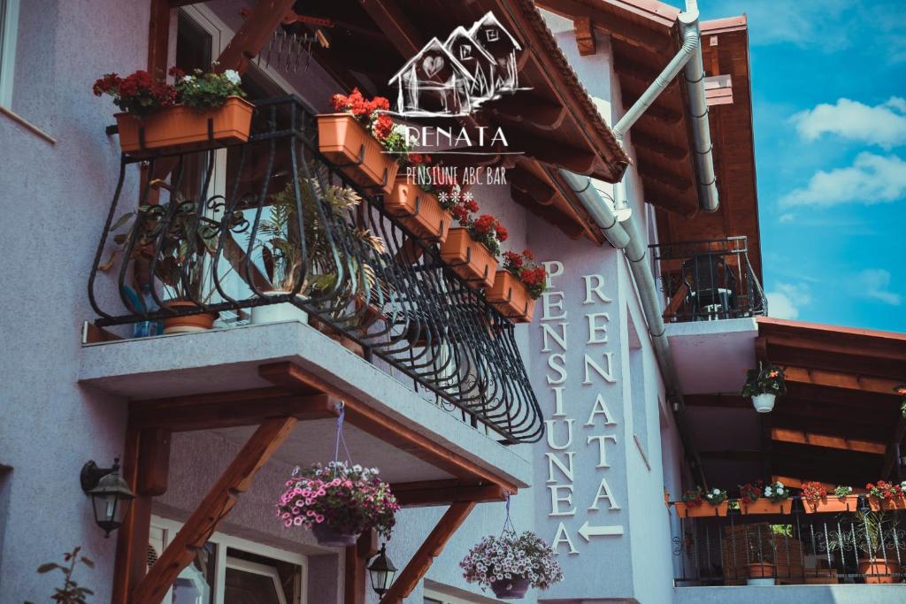 a building with a balcony with flowers on it at Pensiunea Renata in Boghiş