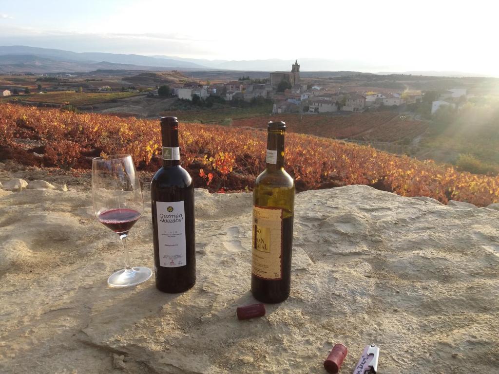 dos botellas de vino y un vaso sobre una roca en Carpe Diem, en Navaridas