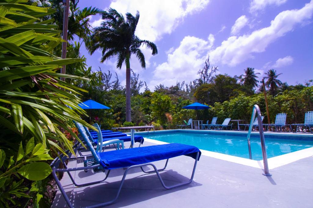 a swimming pool with blue lounge chairs and a swimming pool at Palm Garden Hotel Barbados in Bridgetown