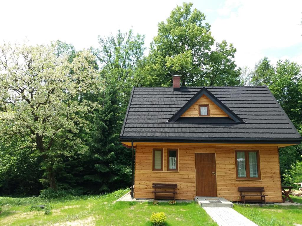 a small wooden house with a black roof at U Eskulapa Bieszczady in Lutowiska