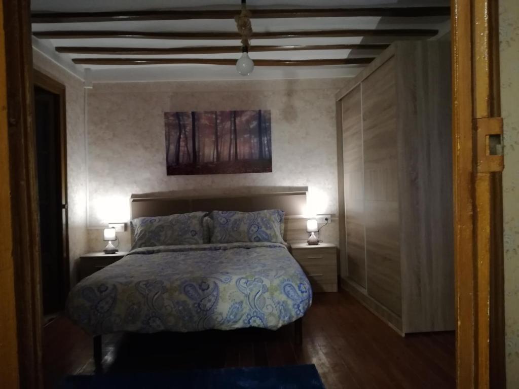 1 dormitorio con 1 cama con 2 mesitas de noche y 2 lámparas en Alojamiento Santa Engracia Laguardia, en Laguardia