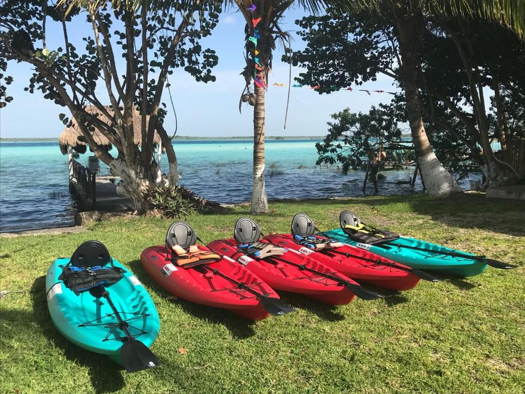 a group of kayaks sitting on the grass near the water at Casa Tarimoro-Bacalar in Bacalar