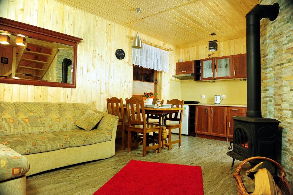 a living room with a couch and a stove at CAŁOROCZNE DOMKI NAD MORZEM I JEZIOREM in Jezierzany