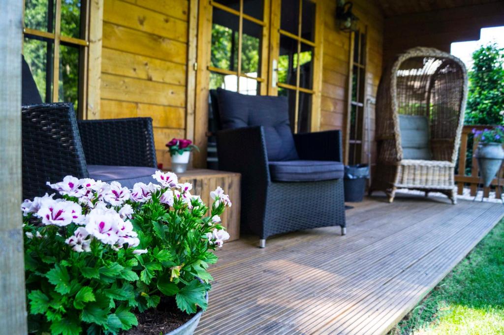 a porch with chairs and flowers on a house at Het parkhuisje in Zwaanshoek