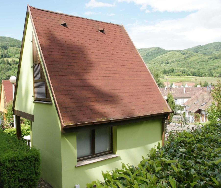 a green house with a brown roof at Gite Delphine in Kaysersberg