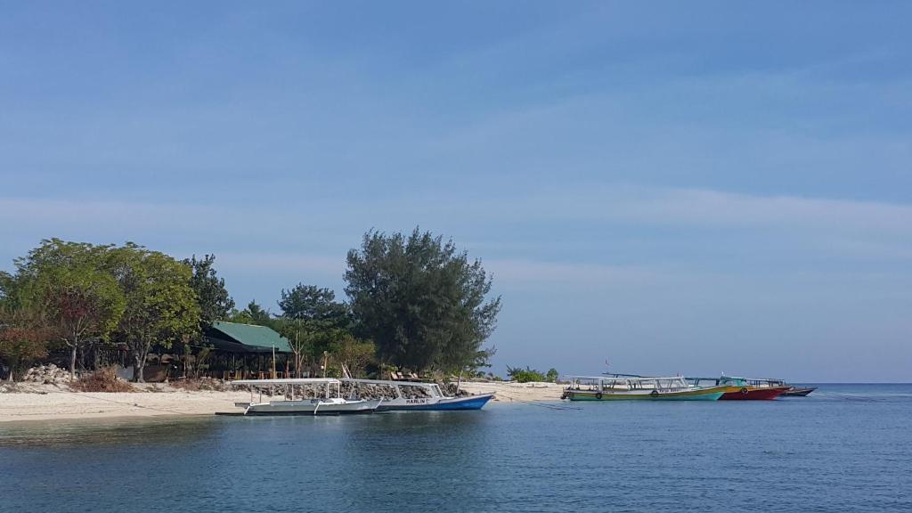 two boats are docked on the shore of a beach at Ana Warung & Bungalows in Gili Meno