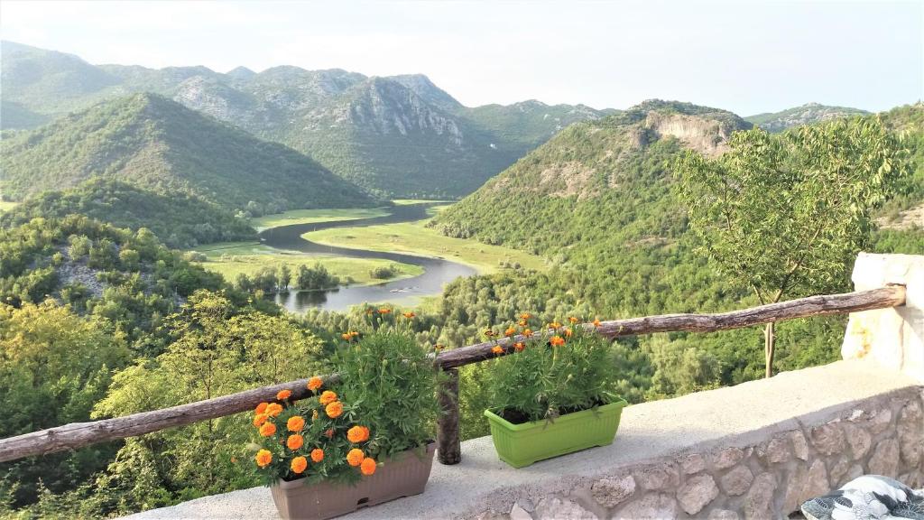 a view of a river from a balcony with flowers at Village house - Novak Rijecani in Rijeka Crnojevića