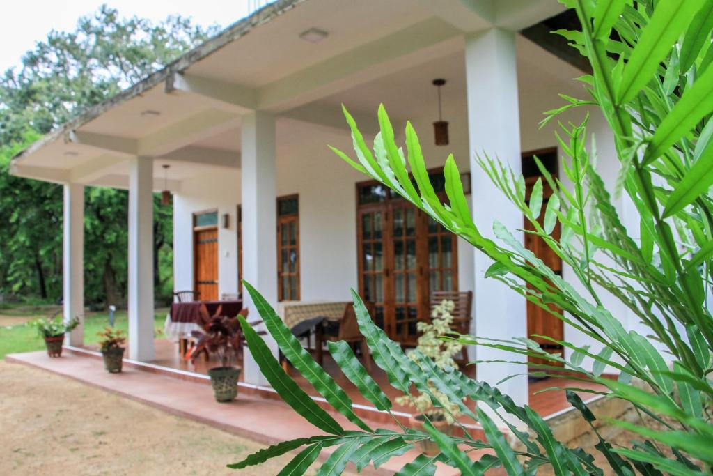 ein Haus mit weißen Wänden und grünen Pflanzen in der Unterkunft Sigiri Lion Villa in Sigiriya