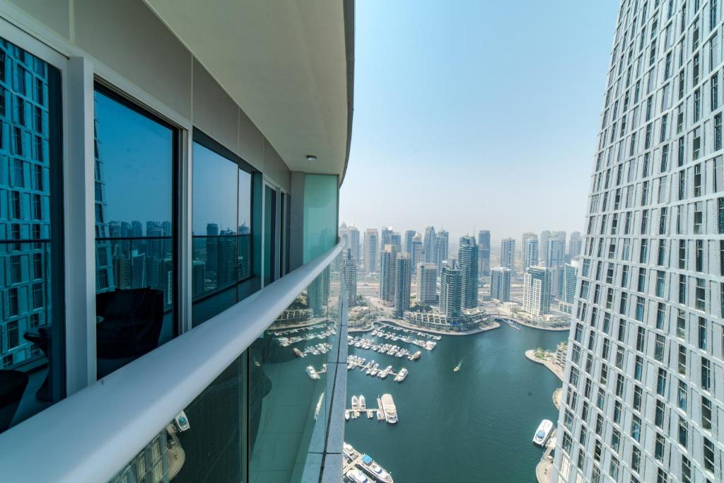 a view of a harbor from a building at Icon Casa Living - Partial Sea View Apartment in Damac Heights in Dubai
