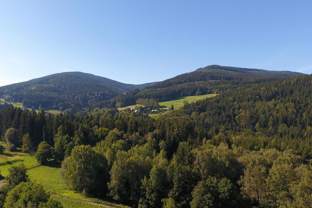 ヤンスケー・ラーズニェにあるApartment Dvořákůの木々や山々の渓谷を望む