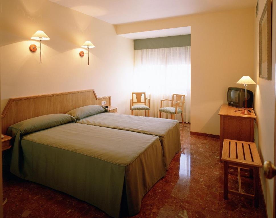 a hotel room with a bed and a television at Hotel Chané in Puebla de Alfindén