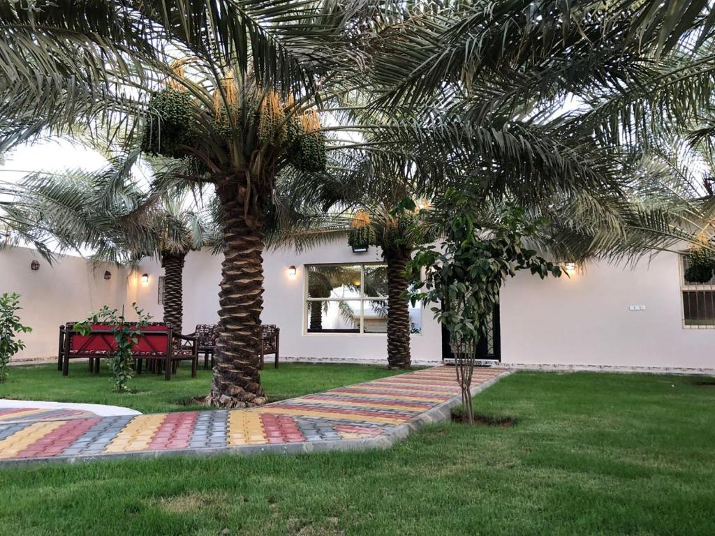 una casa con dos palmeras en un patio en Kendah Chalet, en Buraidah
