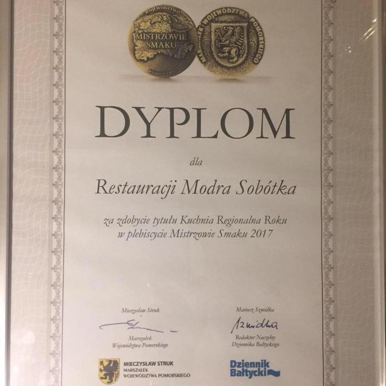 Certifikát, hodnocení, plakát nebo jiný dokument vystavený v ubytování Modra Sobótka