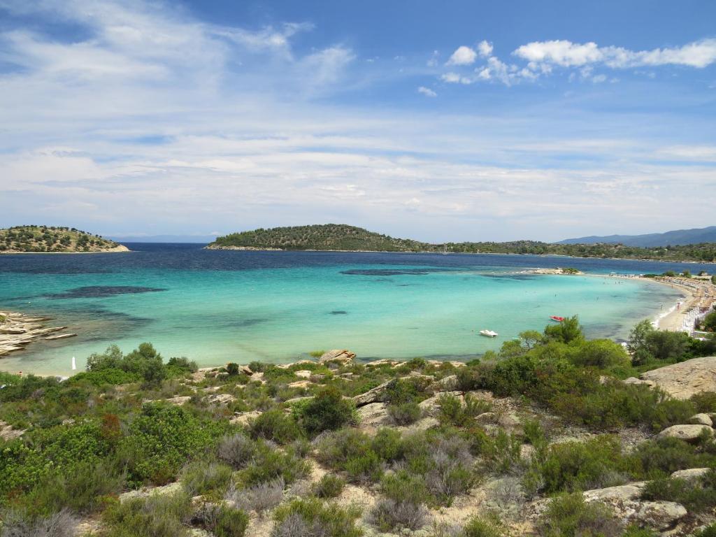 a view of a beach with blue water and trees at Lagonisi Beach Resort in Ormos Panagias