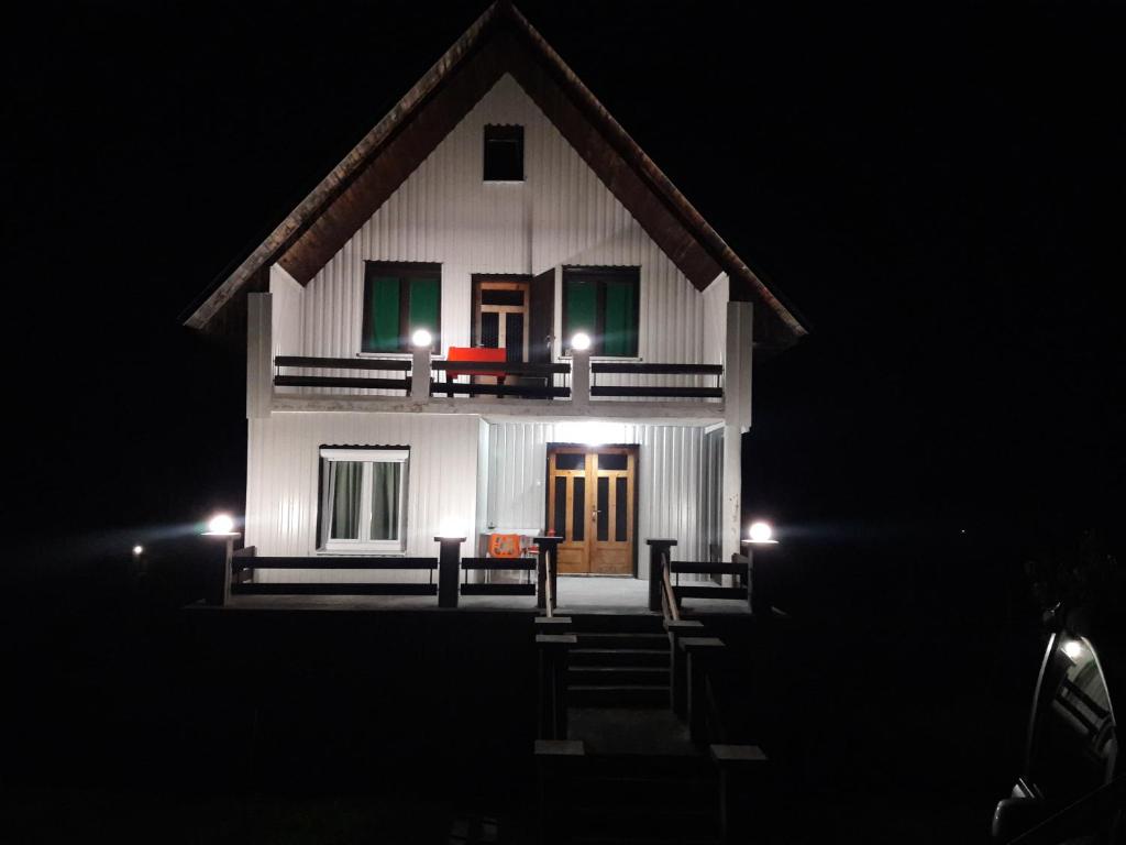 ein Haus mit Lichtern an der Vorderseite in der Nacht in der Unterkunft Holiday Home Aleksic in Žabljak