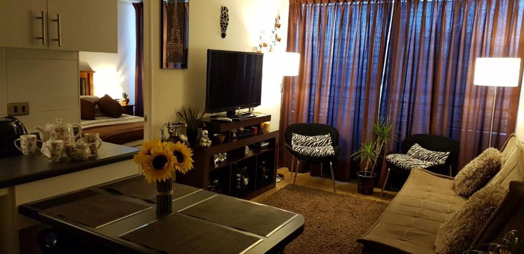 a living room with a couch and a table with a tv at Eco Alameda in Santiago