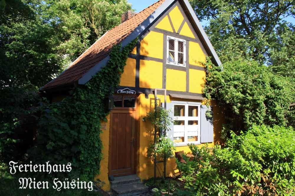 シュトラールズントにあるFerienhaus Mien Hüsingの茶色の扉と木々のある黄色い家