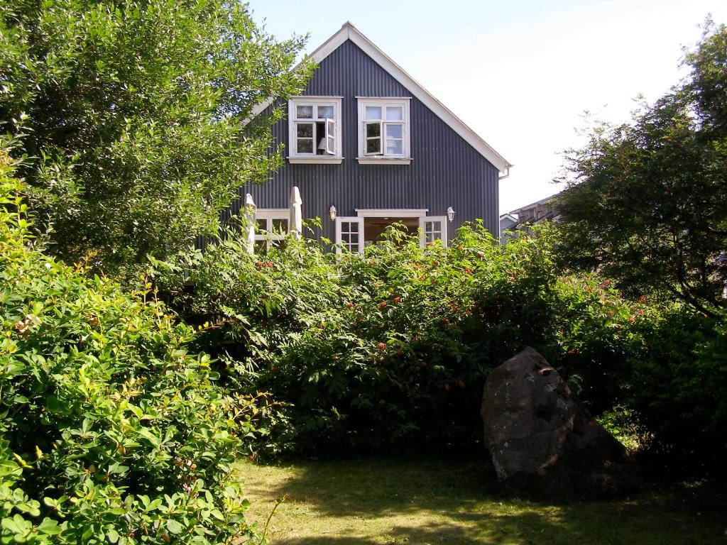 uma casa preta com uma janela no topo de alguns arbustos em Art Centrum Apartments em Reykjavík