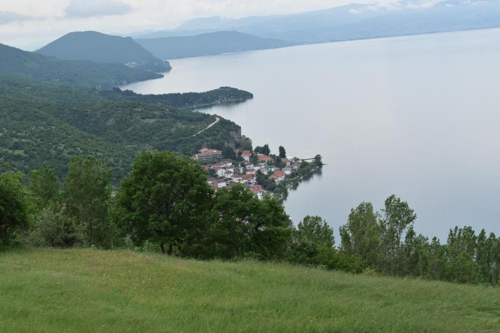 Blick auf eine Stadt auf einem Hügel mit Blick auf einen Wasserkörper in der Unterkunft Shoposki Guest House in Elshani