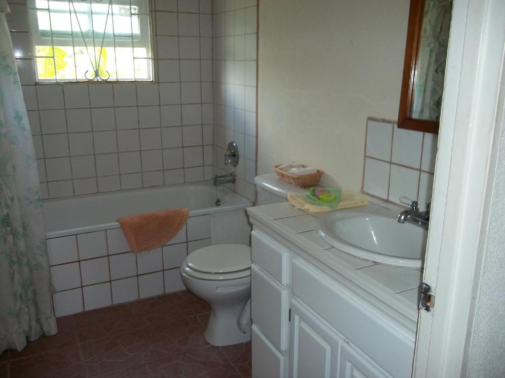 a bathroom with a toilet and a tub and a sink at Ocean Ridge at Long Beach in Christ Church