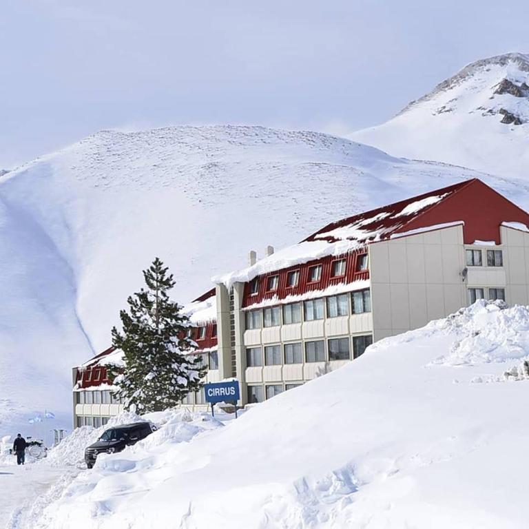 a building on a snow covered mountain with a tree at Cirrus Apart in Las Lenas