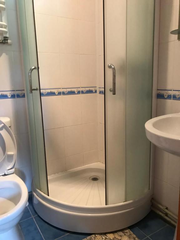 a shower in a bathroom with a toilet and a sink at Krasa Karpat in Snidavka
