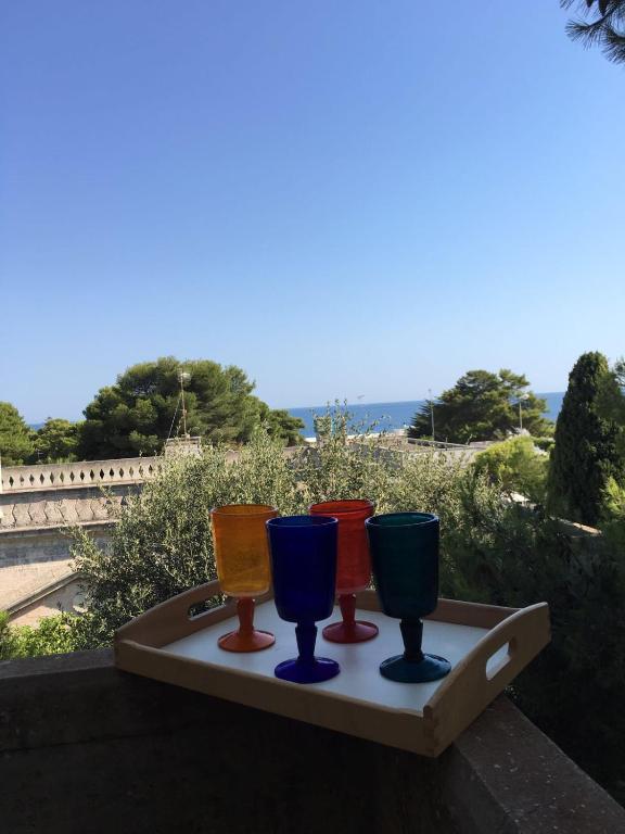 four colorful wine glasses sitting on a tray at Casa la Mimosa in Leuca