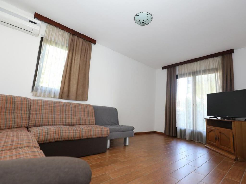 a living room with a couch and a tv at Pleasant Apartment in Zidarici near the Sea in Malinska