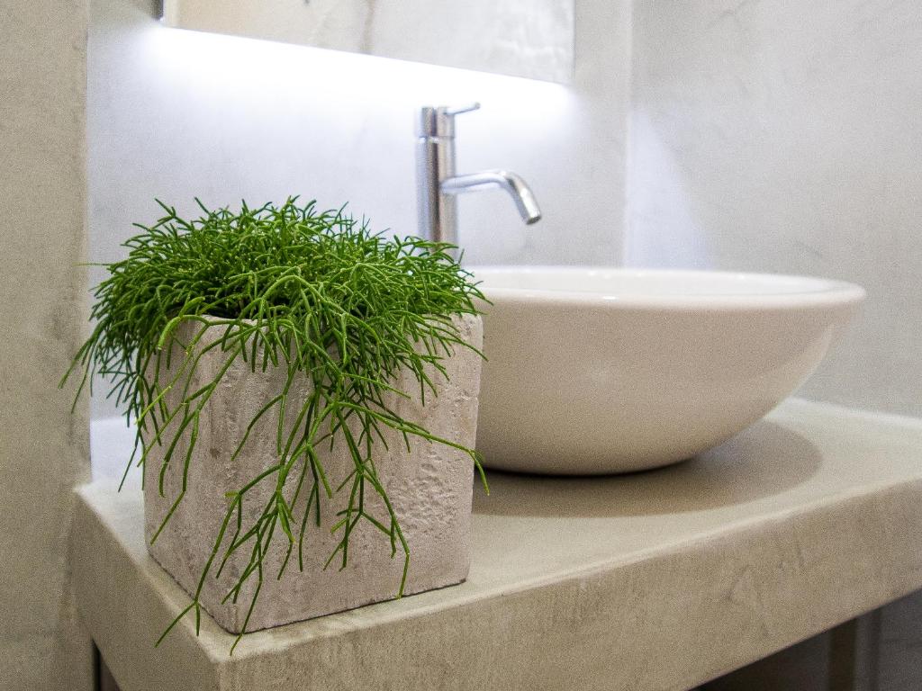 a bathroom with a sink and a plant on a counter at Hotel Lux in Caorle